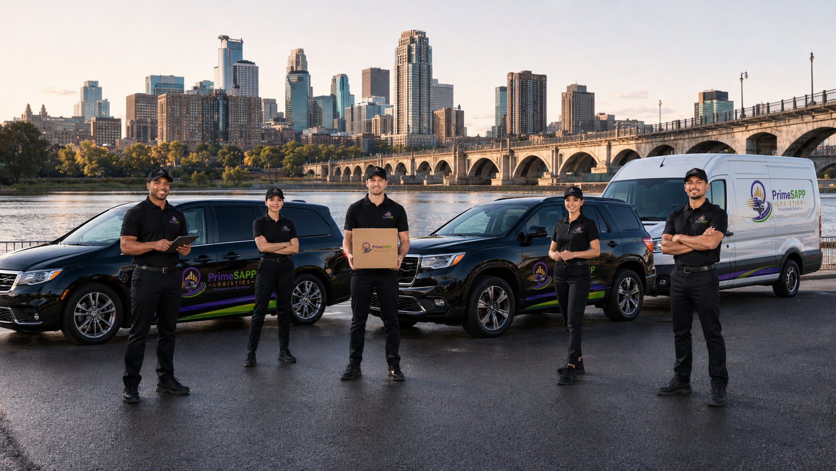 PrimeSAPP Logistics courier and vehicles with Minneapolis skyline