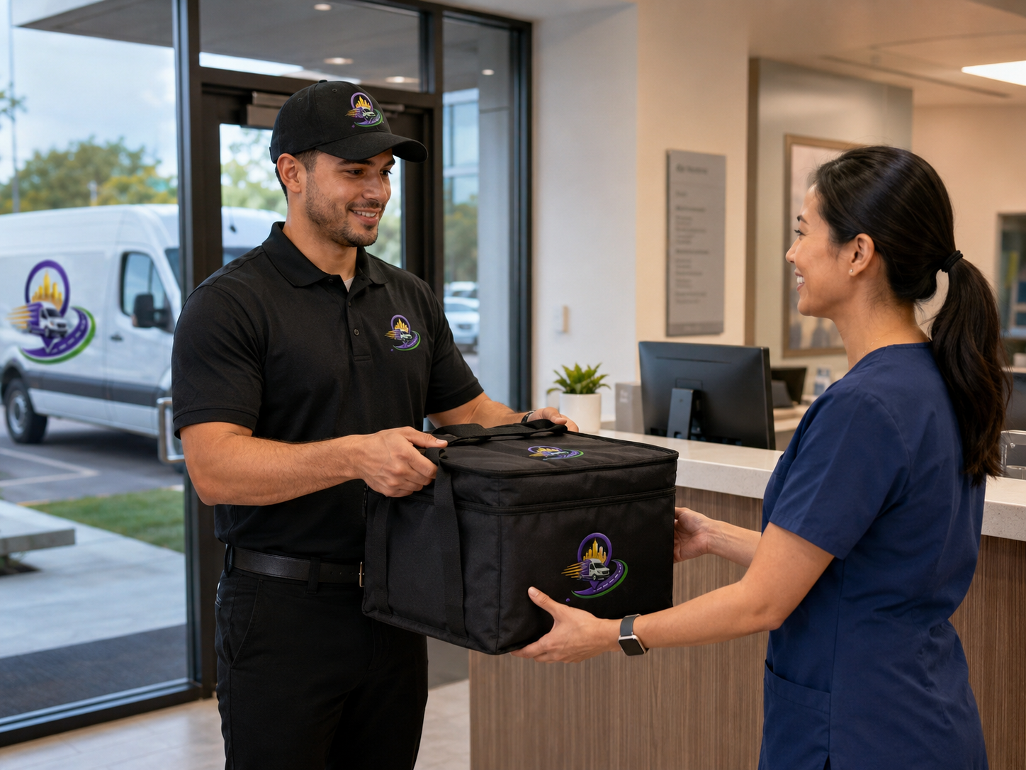 PrimeSAPP Logistics medical courier handoff at clinic reception, Twin Cities
